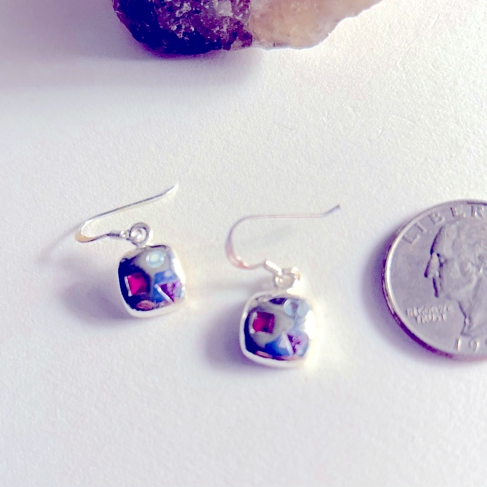 NWOT .925 Sterling Silver Modernist earrings Garnet, Amethyst, Blue Topaz inlaid